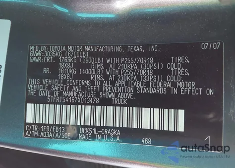 2007 Toyota Tundra Sr5 4.7L V8 z USA, uszkodzony, nr VIN 5TFRT54167X013478
